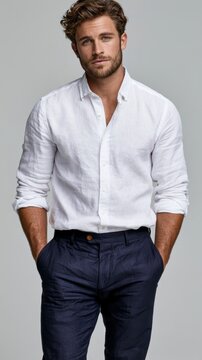 Man standing with hands in pockets in studio setting