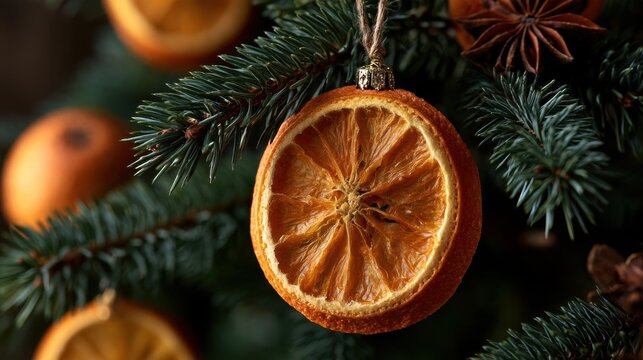Dried orange slice ornament tied to evergreen branch