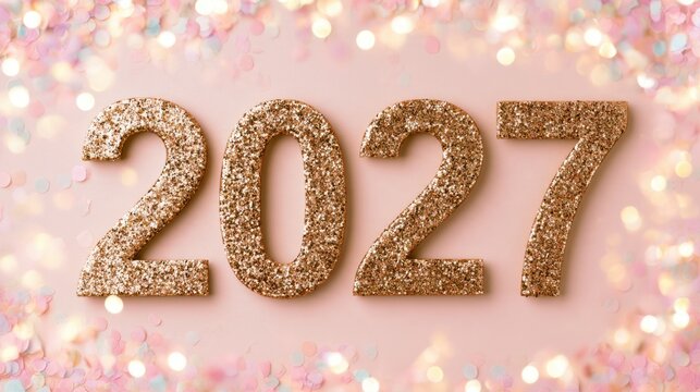 2027 numbers covered in gold glitter on pink confetti backdrop