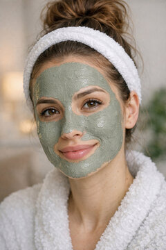 Skin care routine in bathrobe. Green clay mask on face. Woman with open smile. Relaxation and pampering at home.