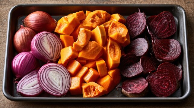 Halved onions, beets, and cubed squash on metal tray