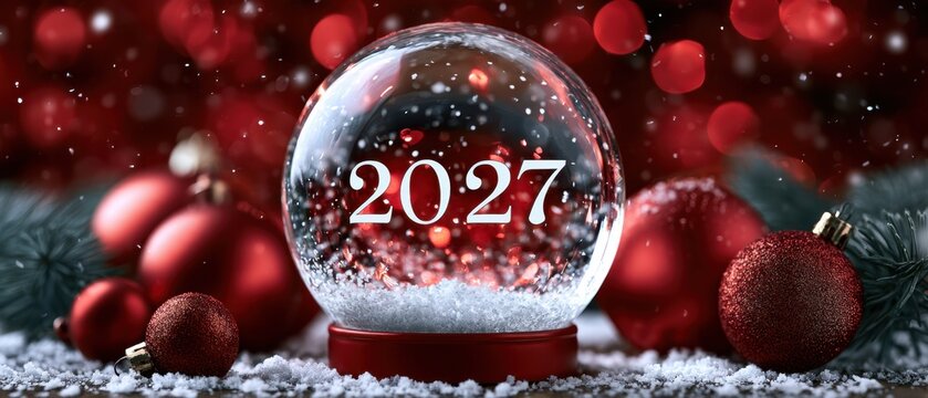 Clear snow globe with 2027 near red christmas baubles