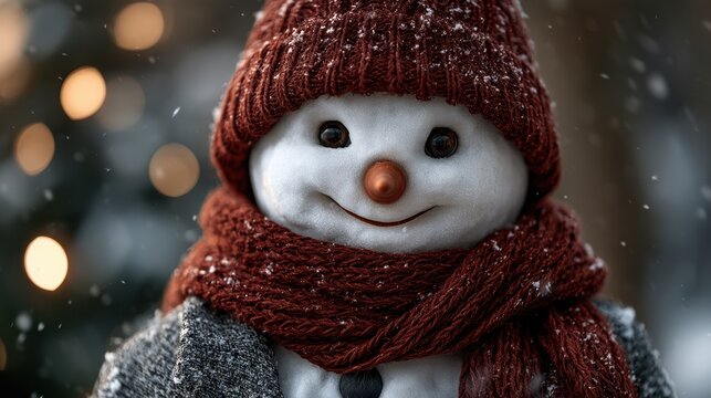 Snowman smiling with red hat and scarf in evening snow