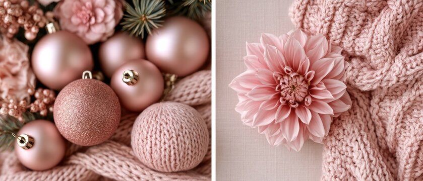 Pink christmas ornaments and dahlia on knitted fabric