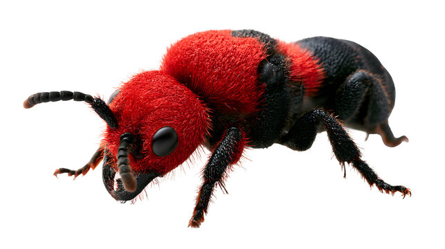 A professional studio shot of a velvet ant cow killer fuzzy bright red black warning colors, clean PNG isolated on a solid white background