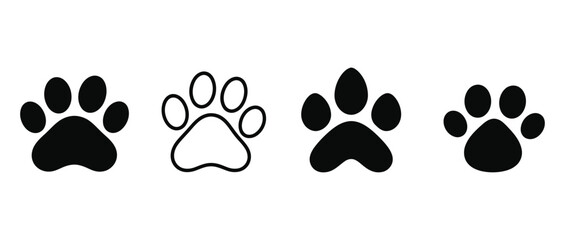 Set of four paw print icons representing pets and animal tracks with animal track pet icon dog paw cat paw footprint icon animal sign paw graphic paw shape paw design © Priyo Store