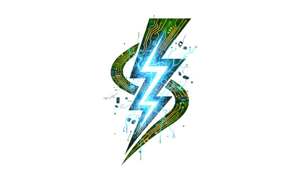 Futuristic lightning bolt logo with green circuit board texture, glowing blue energy strike icon, high tech power symbol isolated PNG with Transparent Background