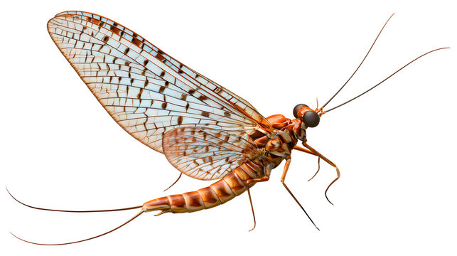 A professional studio shot of a mayfly delicate insect long dual tail filaments clear wings, clean PNG isolated on a solid white background