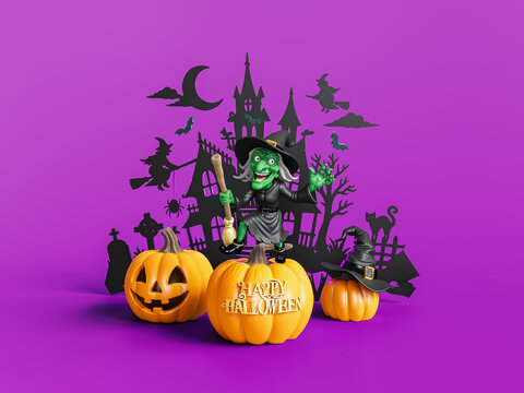 Witch with pumpkins and Halloween decoration on purple background. Halloween greeting card design. 3D Rendering, 3D Illustration