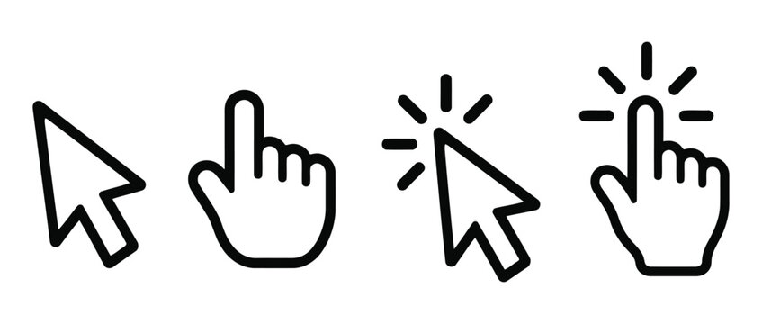 Set of computer mouse pointer cursor and hand click icons in outline and silhouette style with cursor icon arrow pointer web design user interface vector set clicking hand