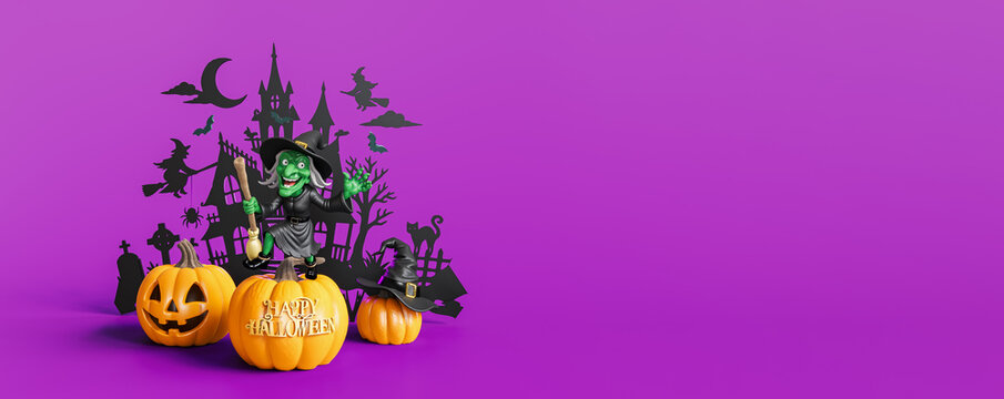 Witch with pumpkins and Halloween decoration on purple background with copy space. Halloween greeting card design. 3D Rendering, 3D Illustration