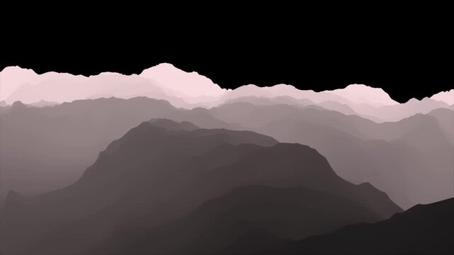 Abstract panoramic mountain landscape with multiple layered peaks, hazy pink and gray tones and dark foreground silhouettes, smooth parallax scenery animation with green screen sky. 4k video