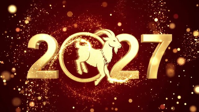 Image dedicated to the golden year 2027, featuring a stylized golden goat on a red background. Symbol of Chinese New Year celebrations