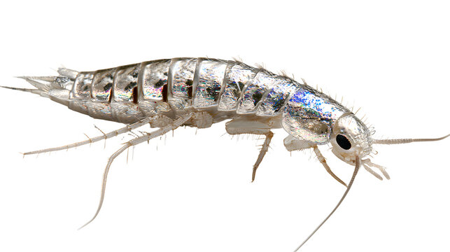 A professional studio shot of a prehistoric looking silverfish primitive wingless insect shiny scales, clean PNG isolated on a solid white background