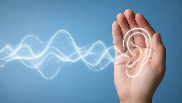 Hand holding an ear with glowing sound waves representing active listening and audio technology for communication or hearing concepts.