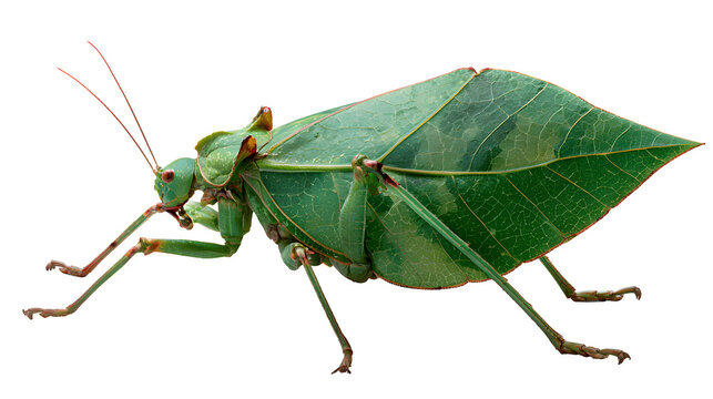 A professional studio shot of a leaf insect phyllium mimicking green leaf structure veins borders, clean PNG isolated on a solid white background