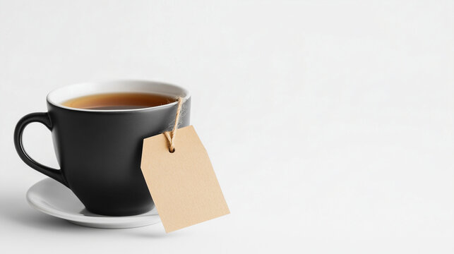 A cup of tea is placed on a small white saucer. The cup is black and has a tag hanging from the rim. The background is white.