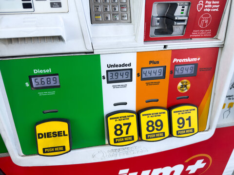 Aubrey, Texas- 09.22.2026: close-up of fuel pump in Circle K gas station with diesel and gas prices.