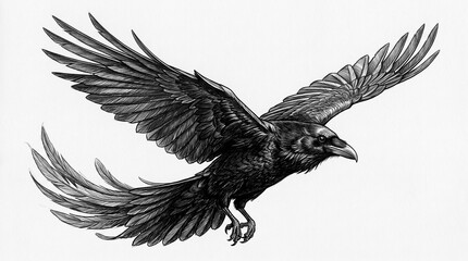Obraz premium Detailed raven in flight illustration featuring sharp black feathers for gothic artistic themes.