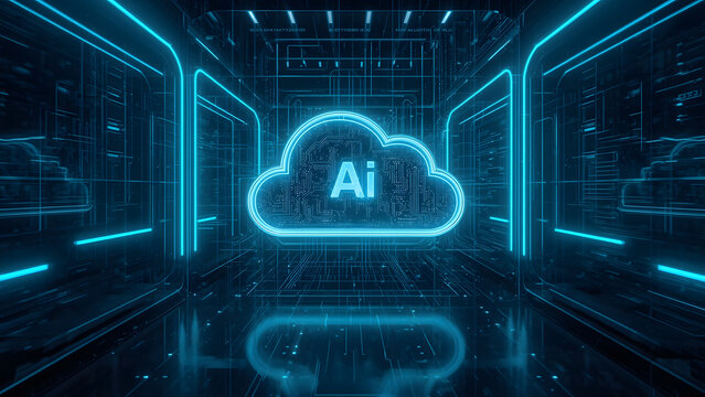 Cloud and edge computing technology data transfer concept. A large cloud icon is in the center, Ai Brain Cloud Big data, network, Science and futuristic ai cloud background concept.