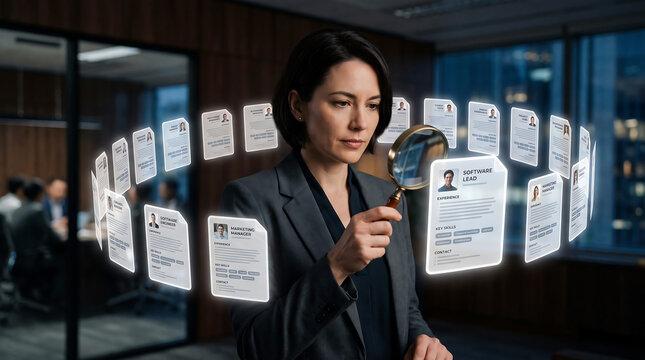 Woman in business suit using a magnifying glass to inspect a circular holographic display of digital job candidate resumes in an office