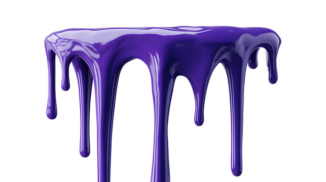 A professional studio shot of a glossy ultraviolet purple paint drip vertical stream trickling down, clean PNG isolated on a solid white background