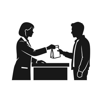Seller woman handing package bag to male customer over transaction counter
