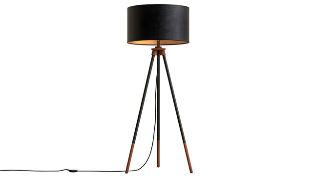 A professional studio shot of a elegant minimalist tripod floor lamp black matte metal wood, clean PNG isolated on a solid white background