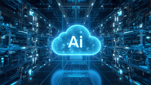 Cloud and edge computing technology data transfer concept. A large cloud icon is in the center, Ai Brain Cloud Big data, network, Science and futuristic ai cloud background concept.