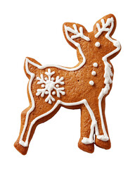 Obraz premium PNG Decorated gingerbread reindeer cookie with white icing on white background