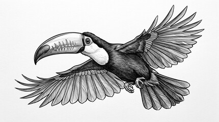 Flying toucan ink sketch isolated on transparent background tropical bird art for graphic design. © Mehedi