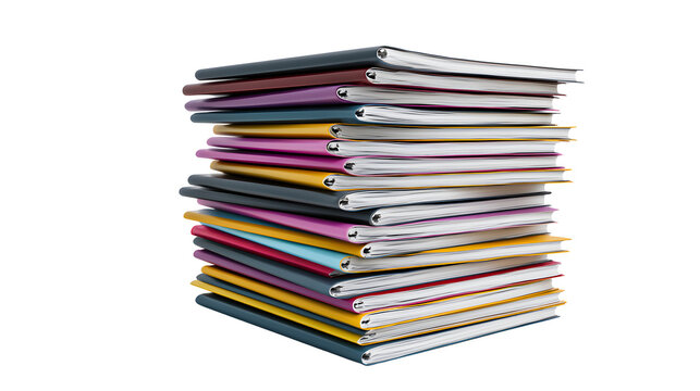 A professional studio shot of a stack of professional corporate annual report booklets brochures, clean PNG isolated on a solid white background