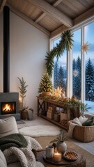 Fototapeta premium Cozy Christmas cabin interior with fireplace, tree, and snowy forest