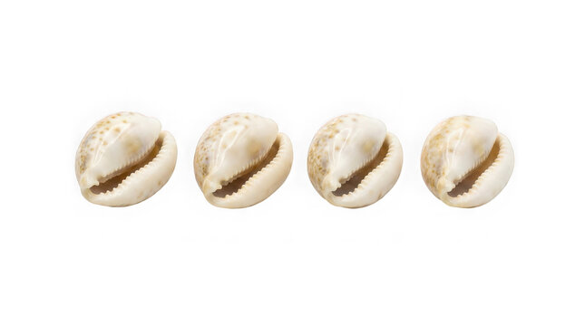 Four small white cowrie seashells arranged in a row isolated on a transparent background isolated on transparent background