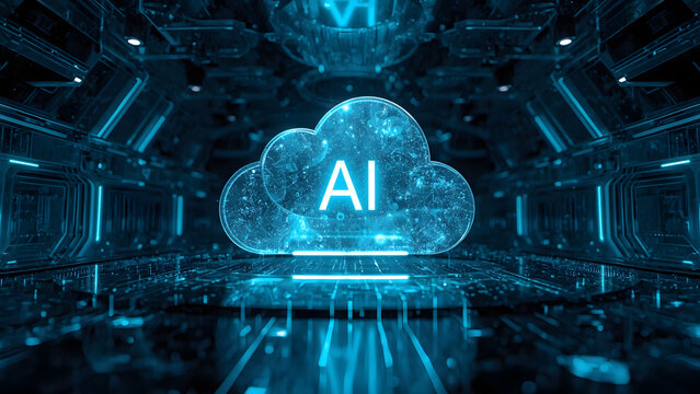 Cloud and edge computing technology data transfer concept. A large cloud icon is in the center, Ai Brain Cloud Big data, network, Science and futuristic ai cloud background concept.