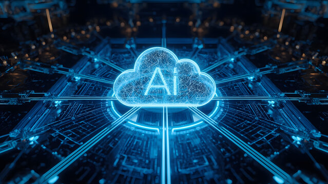 Cloud and edge computing technology data transfer concept. A large cloud icon is in the center, Ai Brain Cloud Big data, network, Science and futuristic ai cloud background concept.