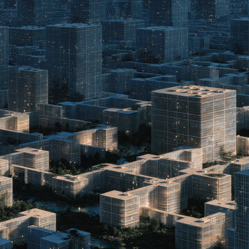 Infinite Geometric Cityscape of Glass Buildings at Dusk