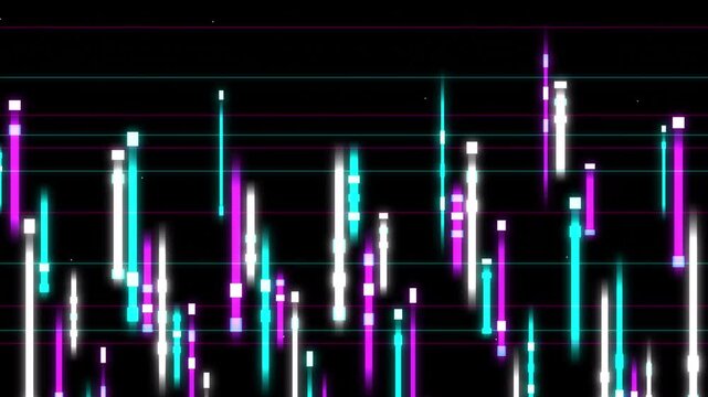 Cybernetic digital glitch matrix with vertical neon bars and horizontal scanlines creating a futuristic widescreen seamless motion loop