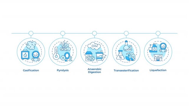 Conversion of biomass infographic circles animation. Organic materials chemical reactions. High temperature power. Flowchart dynamic presentation with 5 steps process. HD video, motion graphics