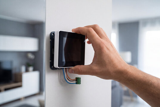 Hand Installing Modern Digital Smart Thermostat on Wall for Home Climate Control