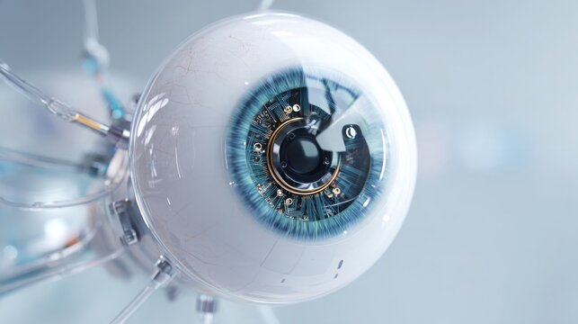 Ultra realistic close up of a single futuristic bionic artificial eye as the central object, highly detailed medical implant with a realistic iris