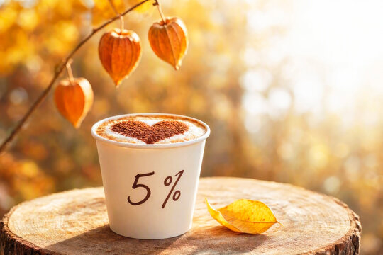 A fresh cappuccino with grated chocolate in the shape of a heart at a reduced price against the backdrop of an autumn park.