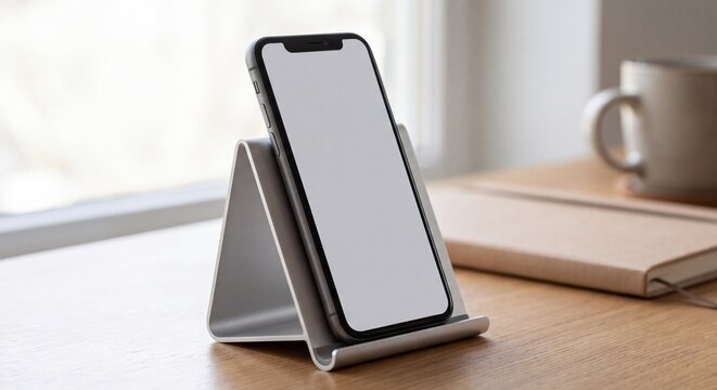 Blank Smartphone Screen on Metal Stand on Wooden Desk