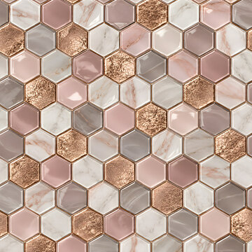 Seamless Rose Gold Hexagon Tile Mosaic with Pink Marble and Glass
