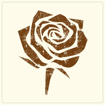 Vintage distressed rose, classic rosebloom in grunge stencil style with speckled texture. Single flower head on stem evokes tattoo flash art and old letterpress printmaking charm.