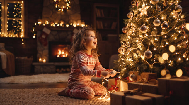 Una ni&ntilde;a peque&ntilde;a y emocionada, en pijama, sentada en el suelo; sostiene unas luces  y contempla con asombro un &aacute;rbol de Navidad brillantemente iluminado en una sala de estar c&aacute;lida y festiva.