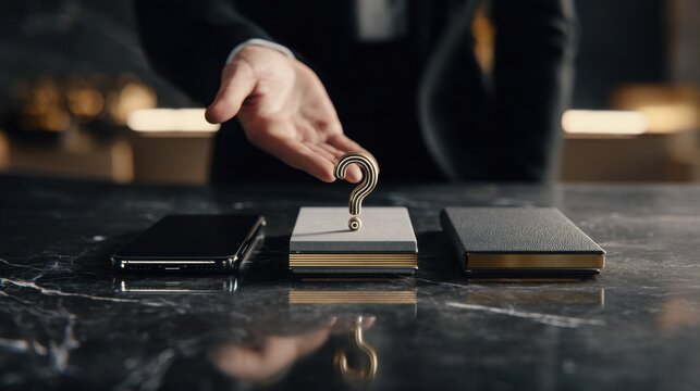 Ultra realistic close up of an elegant hand hovering between two sophisticated objects on a dark marble table, a sleek smartphone on one side