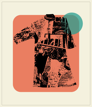 Weathered medieval armor rendered in gritty halftone stencil style, a battle worn plate harness with textured pauldrons and cuirass. Vintage distressed knight silhouette over a bold retro shape.