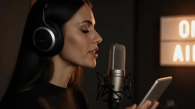 Female podcast creator: broadcast host, microphone speech, headphone listen, digital device, studio recording.
