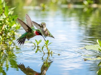 Obraz premium Vibrant hummingbirds with rapid wing beats hover gracefully above a sunlit pond, its surface featuring gentle ripples and soft reflections, birds in flight, water surface, movement